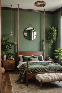 a bedroom with green walls and wooden bed frame, mirror on the wall, plants in potted planters