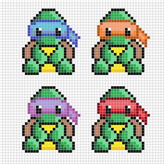 four pixellated images of teenage mutant heads in different colors and sizes, each with an individual's face