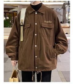 Letter Embroidered Turn Down Collar Corduroy Men Jacket