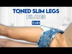 a woman laying on top of a bed next to a wall with the words toned slim legs pilates