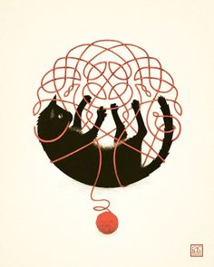 a drawing of a cat playing with a ball of yarn on top of its head