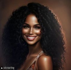 a painting of a smiling woman with long curly hair and brown eyeshadow, wearing a white tank top