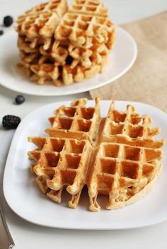 two white plates topped with waffles and blueberries