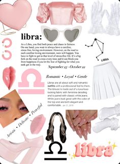 an article about libra in pink and white with pictures of women's accessories