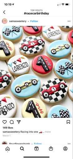 an instagram page with cookies decorated like cars and race cars on it, including the number one