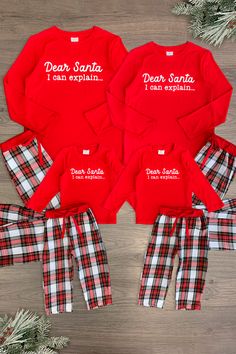 *Adult & child sets sold separately* Pajama set comes with long sleeve top and pair of pants Plaid print fabric lends sweet, seasonal charm Soft fabric provides cozy all-night comfort Perfect for family Holiday pictures, or relaxing movie nights in Gift your family's wardrobe a seasonally sweet vibe with these "Dear Santa I Can Explain" Family Pajamas. These pajama sets come with a long-sleeve top and pair of matching plaid bottoms. Both pieces are made from a soft fabric blend for comfortable w