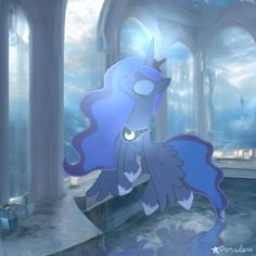 a blue pony standing in front of a window next to an arch with windows on both sides