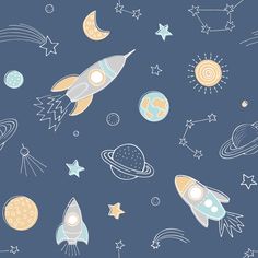 a space themed wallpaper with rockets, stars and planets on blue background for children's room decor