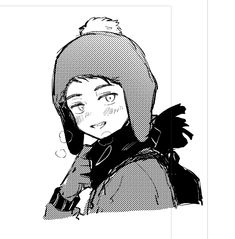 a black and white drawing of a person wearing a beanie with her eyes closed