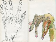 an open book with two drawings of hands and one drawing of the same person's hand