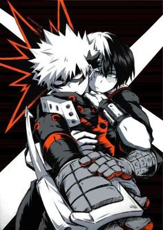 two anime characters hugging each other in front of a black and white background with orange accents