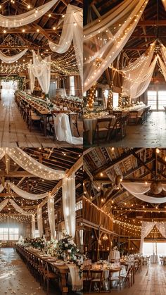 the inside of a barn decorated for a wedding