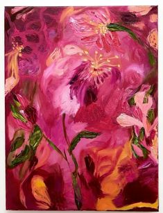 an abstract painting with pink and yellow flowers