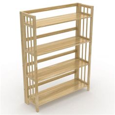 a wooden shelf with three shelves on each side