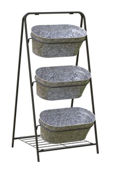 3 galvanized metal trough planters have drain holes with plug. Each trough holds up to 0.5 cubic feet of soil. Convenient bottom shelf for storage. Panacea Products Irregular 10.43-in W x 15.16-in H Silver Metal Outdoor Planter | 82204 Galvanized Bucket Planters, Metal Trough Planter, Metal Wash Tub, Metal Trough, Galvanized Planters, Bucket Planters, Galvanized Tub, Metal Raised Garden Beds, Metal Tub