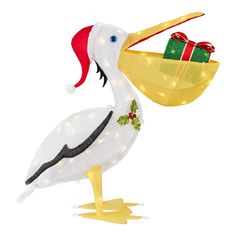 a stork with a christmas present in it's beak and lights around its neck