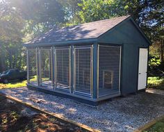 a dog house with two dogs inside and one in the back yard, next to a car