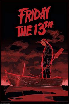 a poster for friday the 13th with a man in a boat