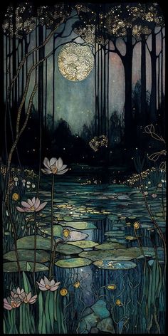 a painting of water lilies in the woods at night with moon and stars above them