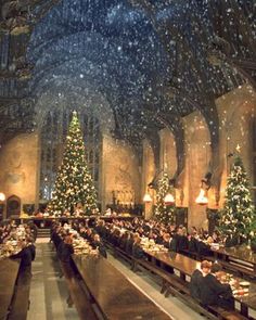 a large dining hall with christmas trees in it