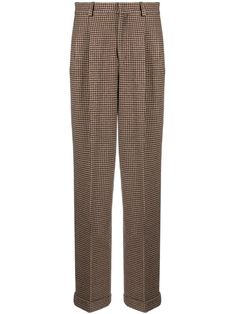 barley brown wool blend houndstooth pattern pleat detailing high-waisted tapered leg belt loops concealed front fastening two side inset pockets two rear button-fastening pockets Pattern Trousers, Carrot Pants, Collage Elements, Chiffon Pants, Tweed Pants, Leg Belt, Fashion Collage, Ralph Lauren Women, Ralph Lauren Outfits