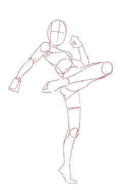 a drawing of a man kicking a ball with his leg in the air and one arm out