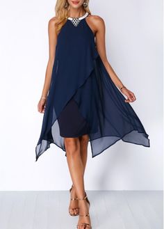 Navy Blue Chiffon Dress, Blue Chiffon Dresses, Sleeveless Chiffon Dress, Black Chiffon Dress, Gaun Fashion, Chique Outfits, Fashion Dresses Online, Club Party Dresses, Chiffon Midi Dress