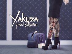 a woman standing next to two suitcases in front of a wall with the words yakuza heel collection on it