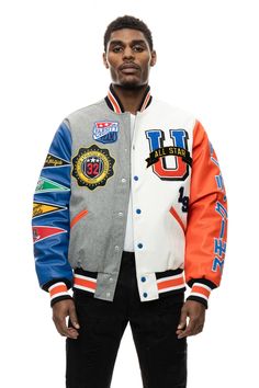 Denim Varsity Jacket, Designer Outerwear, Chenille Patches, Varsity Jackets, Utility Vest, Heavy Jacket, Mens Fashion Casual Outfits, Letterman Jacket, Jean Top