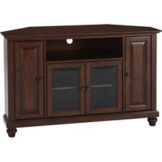 a wooden entertainment center with glass doors on the front and bottom shelves, in dark wood