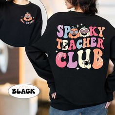 Teacher Halloween Shirt, Spooky Teacher Club Shirt, Custom Teacher Shirt, Cute Halloween Shirt, Teacher Halloween Gift, Kindergarten Teacher ↓ Click here to view our additional fashionable collections ↓ https://handcraftedbyhelenn.etsy.com Product Details: - 100% Cotton (fiber content may vary for different colors) - Medium fabric (5.3 oz/yd2 (180 g/m2)) - Classic fit - Tear away label - Runs true to size Care instructions: - Machine wash: warm (max 40C or 105F); - Non-chlorine: bleach as needed; - Tumble dry: Medium - Do not iron; Do not dry clean ● Please choose your preferred style, size, and color from the dropdown menu or leave us a message in the "notes to seller" section. ● We are committed to processing and shipping your items as quickly as possible, but please note that custom pri Black Tops For School In Fall, Black Long Sleeve T-shirt For School, Black Tops With Custom Print For Fall, Black Top With Custom Print For Fall, Funny Long Sleeve Black T-shirt, Fun Long Sleeve Halloween T-shirt, Black Fall School T-shirt, Funny Black Tops For School, Black T-shirt For School In Fall