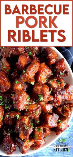 barbecue pork ribbles in a white bowl on a blue cloth with the title above it