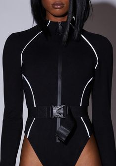 cuz you're the best they never had! This long sleeve bodysuit has a mock neckline, mesh side panels, thumbholes, reflective trim, a front O-ring zip closure, and a buckle belt. Dance Suit Woman, Fitted Black Futuristic Bodysuit, Black Long Sleeve Bodysuit With Zipper Closure, Black Long Sleeve Bodysuit With Zipper, High Stretch Black Bodysuit With Zipper Closure, Pop Punk Aesthetic Outfit, Reflective Rave Outfit, Edc Outfits Ideas, Electric Daisy Carnival Outfits