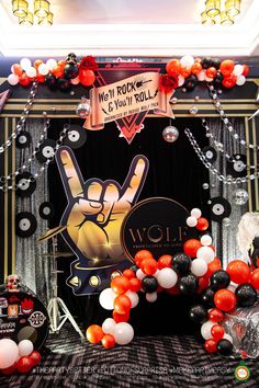 Rock'n roll (rock and roll themeThe highlight is the color scheme used in black and red tones and has many large propsPretend that we become a rocker somedayComposed of giant guitarsbird wingsrocker's iconic handSuitable for birthday party Birthday surprisefancy eventvenue decoration company party Emotionally Intensive Work Rock dressed up. Acdc Theme Party, Rock And Roll Cheer Theme, Rock Band Party Decorations, Musician Party Theme, Rock Roll Decor Party, Rock N Roll Gala, Rock And Roll Float Ideas, Rock Roll Theme Party, Rock N Roll Theme Birthday Party