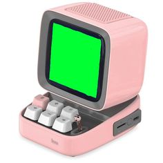 a pink computer with a green screen on it's display case and key board