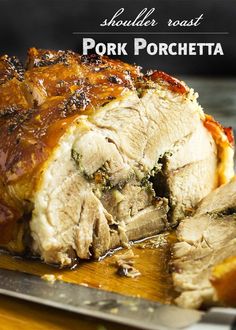 pork roast on a wooden cutting board with text overlay that reads southern roast pork pochetta