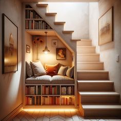 the stairs are lined with books and pillows