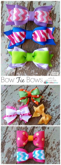 three different types of bows are shown on the wooden floor with text overlay that says bow tie bows