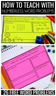 two pictures with the words how to teach with numbers word problems