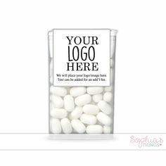 a clear plastic container filled with white rocks and the words your logo here on it