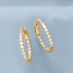 Ross-Simons - 1.50ct t. w. Diamond Inside-Outside Hoop Earrings in 14kt Yellow Gold. 3/4". What do you get when you take an all-time favorite earring style and add the most dazzling gemstone of them all? The perfect pair! 1.50 ct. t. w. round brilliant-cut diamonds shine inside and outside on these 14kt yellow gold hoops. Includes a vault lock on the post for added security. Hanging length is 3/4". Hinged post, diamond hoop earrings. Diamond birthstones are the perfect gift for April birthdays. Classic Yellow Gold Hoop Earrings With Pave Setting, Fine Jewelry Halo Hoop Earrings, Fine Jewelry Hoop Earrings With Brilliant Cut, Classic Halo Hoop Earrings, Fine Jewelry Yellow Gold Brilliant Cut Hoop Earrings, Classic Yellow Gold Hoop Earrings With Brilliant Cut, Brilliant Cut Hoop Earrings Fine Jewelry, Yellow Gold Brilliant Cut Hoop Earrings, Formal Yellow Gold Halo Hoop Earrings