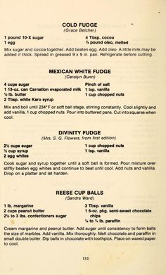 the menu for mexican white fudge is shown in black and white letters, along with other ingredients