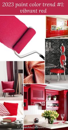 A collage of interior images using vibrant red paint and furnishings Painting Trends 2023, Interior Images, Colors 2023