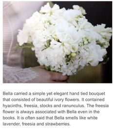 a woman holding a bouquet of white flowers in her hand with the caption belia carried a simple yet elegant hand - tied bouquet