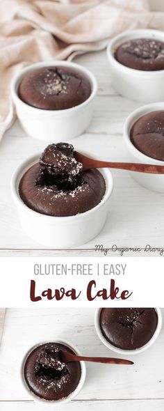 chocolate lava cake in small white bowls with wooden spoons and text overlay that reads gluten - free easy lava cake