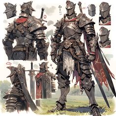 a drawing of a knight with armor and swords