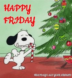 a cartoon dog holding a candy cane in front of a christmas tree with the words happy tuesday have a great day