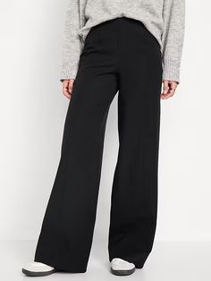 High-Waisted Pull-On Pixie Wide-Leg Pants | Old Navy Tailored Pants With Sneakers, Wide Leg Black Pants With Sneakers, All Black Outfit For Work Winter, 34 Year Old Woman Style, All Black Outfit For Work Chic, Sporty Business Casual Women, Pull On Pants Outfit, Business Casual Black Pants, Over 60 Fashion Petite