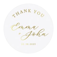 a white and gold wedding sticker with the words thank you on it