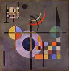 an abstract painting with squares, circles and lines